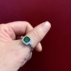 Size 10 Cushion cut Lab created emerald and clear cz ring in sterling silver