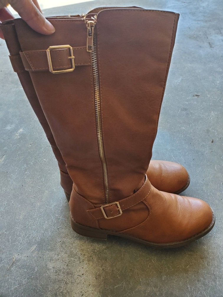 Tan Pu Leather Mid Calf Boots