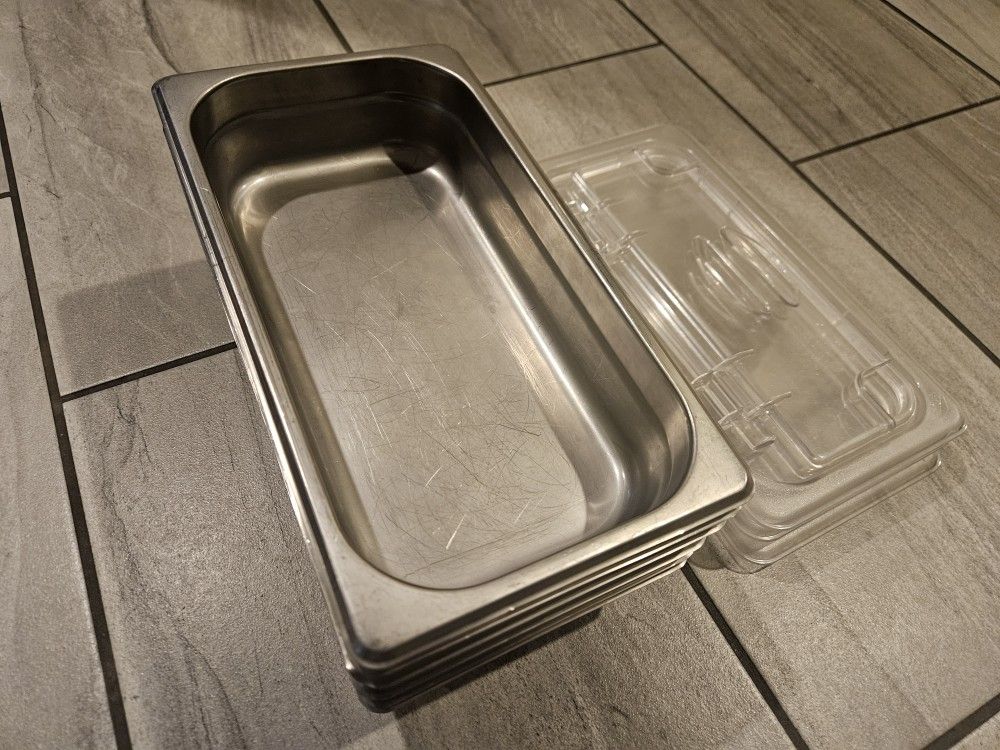 Six 1/3 Size Food Pans Stainless 2.5" Deep and Three Convertible Lids
