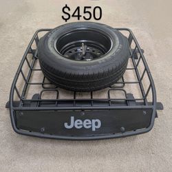LIKE NEW! Jeep OEM Rooftop Basket with Crossbars & Spare Tire Mount