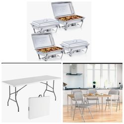 4 Chafing sets 16 foldable chairs 2 tables