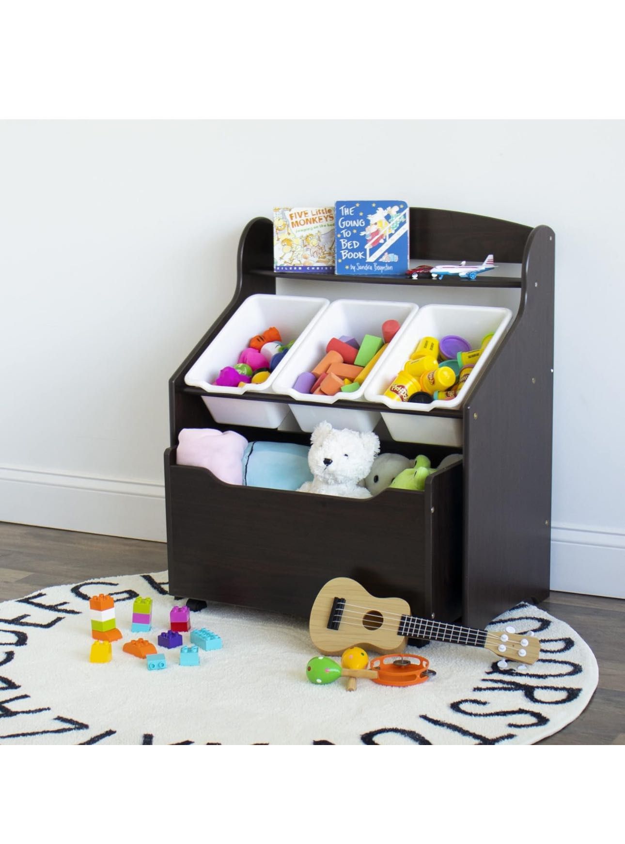 Toddler-Size Storage Unit with Rolling Toy Box, Espresso 