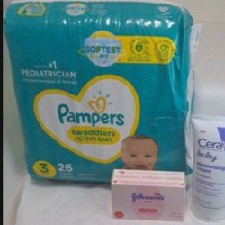 Pampers Size 3/26 Ct + CeraVe Cream & Johnson's Body Bar