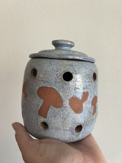 Handmade Clay Art Pottery Garlic Keeper w/Lid Blue Glaze Over Tan 6in