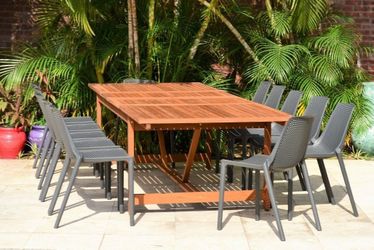 BRAND NEW Rectangular 13pc 100% FSC Solid Hardwood and Gray Resin Dining Set | Ideal Furniture Set For Outdoor