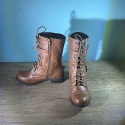 Soda Women's Brown Combat Mid Calf Lace Up Side Zipper Buckle Boots