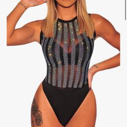 MEDIUM Sheer Mesh Turtleneck Neck See Through Leotard Bodysuit Body Top