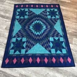 Vintage  Biederlack 52x70 Blanket Turquoise Pink Blue Lone Star  Geometric 