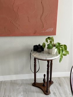 Vintage Marble Top Accent Table | Solid Wood Side Table | End Table