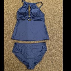 EUC Ellen Tracy Gold Ring Halter 2-pc Swimsuit Tankini bathing Suit Sz 12 Blue!