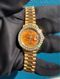 Vintage Rolex DateJust President 26 26mm Yellow Gold Rare Factory Wood Dial Ladies Watch 6917 Natural Diamond custom bezel