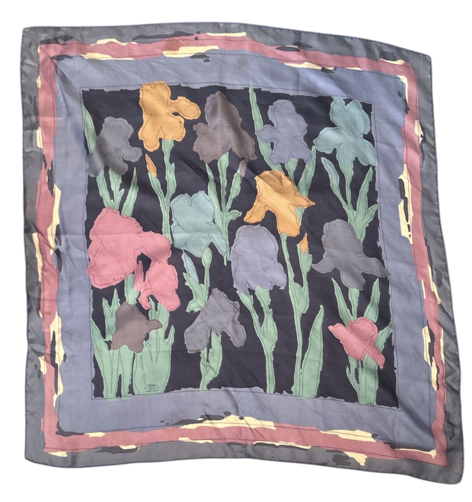 Vintage Liberty Of London ALL Silk Scarf Multicolor Black Floral Irises 34 1/2” Square Hand Rolled
