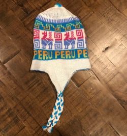 Unisex White & Light Blue Multicolor Reversible Adult Peruvian Alpaca Chullo Hat