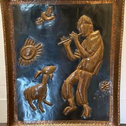 BEAUTIFUL HANDMADE COPPER WALL ART MAN WITH FLUTE AND DOG