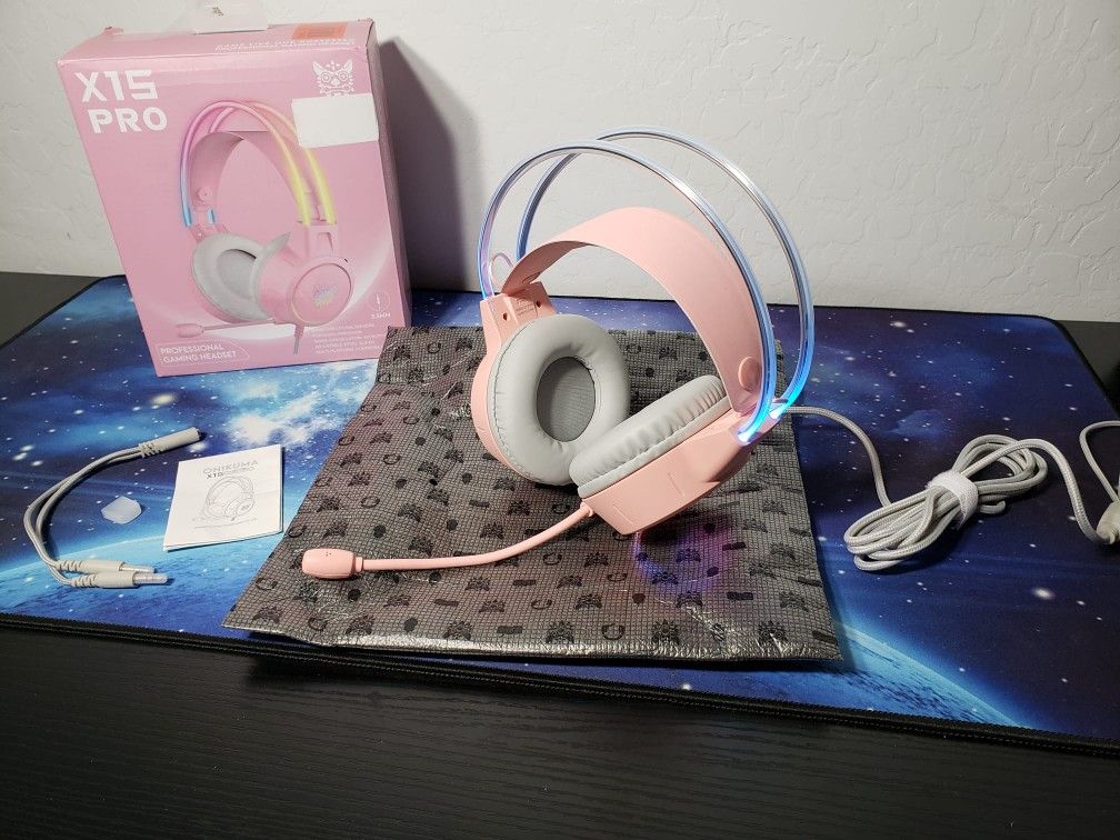 New Lightweight Pink Gaming Headset, RGB Lighting, Wired Over Ear Headphones W/ Mic for PC, PS4, PS5, Xbox, Switch, Stereo Surround Sound, Self-Adjust