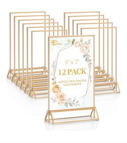 EHWINE 12 Pack 5x7 Gold Acrylic Sign Holders, Double-Sided Tabletop Stand Clear Double-Sided Acrylic Display with Gold Border and Non-Slip Mats for Me