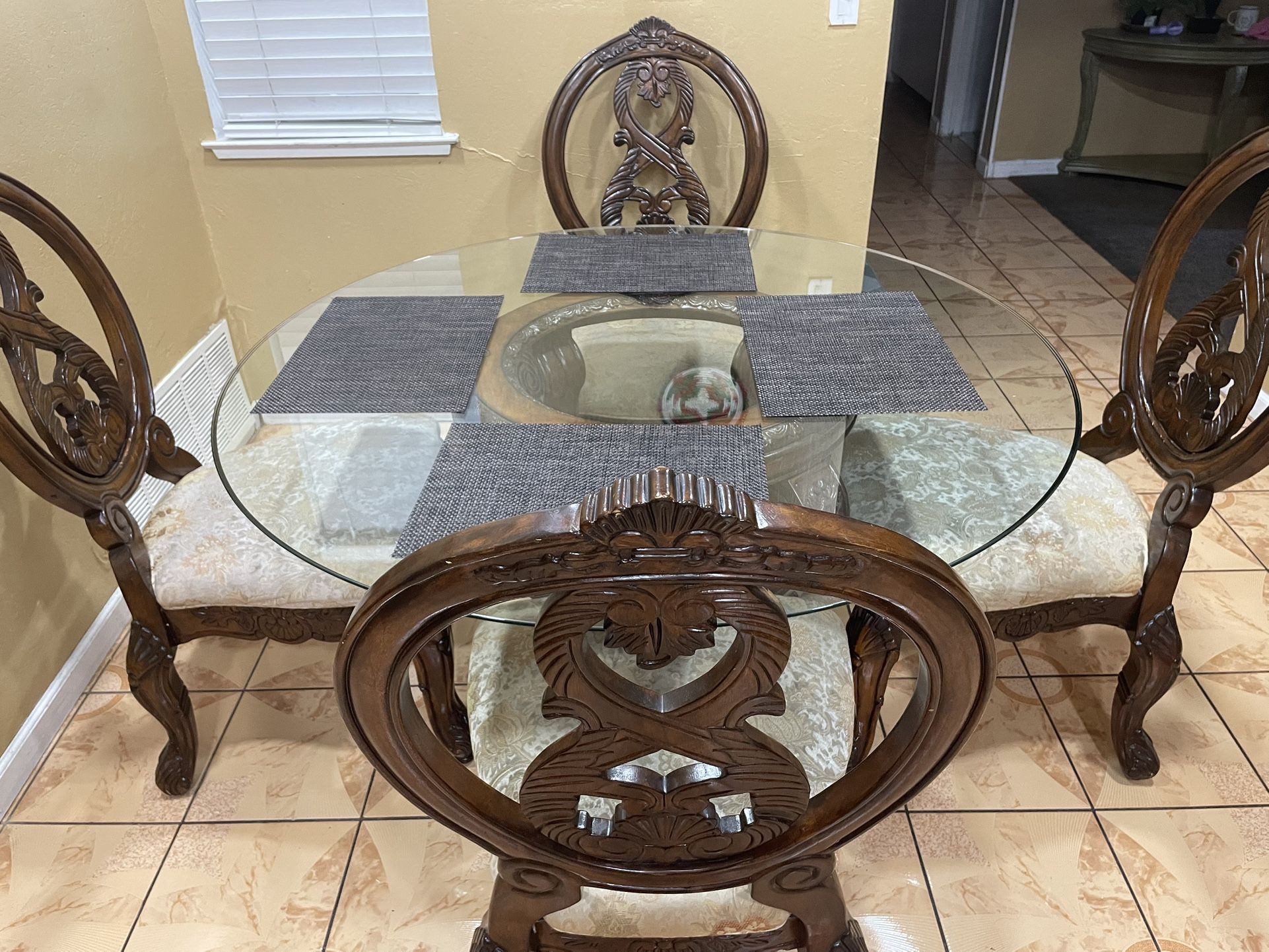 Elegant Glass Dining Table Set with 4 Carved Chairs
