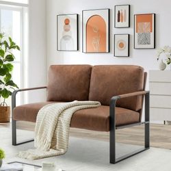 Mid-Century Loveseat Sofa,Upholstered Faux Leather Loveseat 2-Seat Small Sofa Couch Metal Accent Chair for Living Room（Brown）