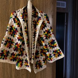 Vintage Granny Square Open With Bell Sleeves And Belt 