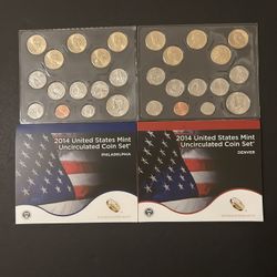 Coins – Uncirculated 2014 Mint Set in Original Mint Packaging – 14  Philadelphia Coins and 14 Denver Coins – Total 28 Coins 