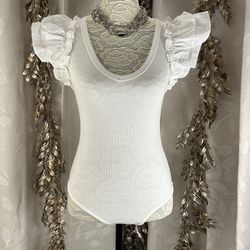 Oddi White Ruffle Sleeve Bodysuit | Small | Feminine Cottagecore