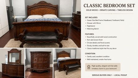 Elegant Carved Wood King Bedroom Set – Bed, Dresser, Mirror, Nightstand & Bench