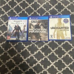 Assassins Creed Valhalla, Call of Duty Modern Warfare, and Uncharted the Collection