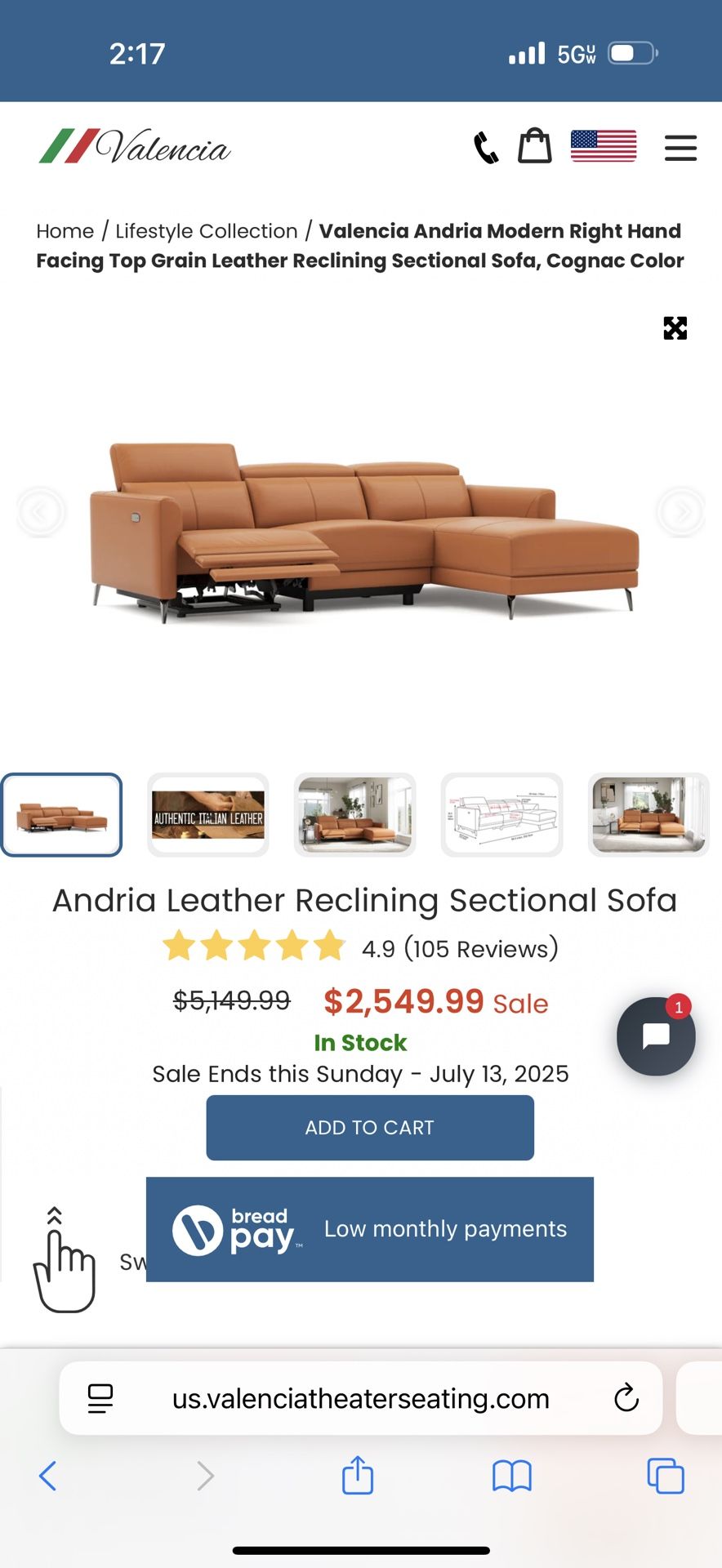 Top Grain Leather Sectional w/Recliner