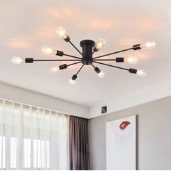 Semi Flush Mount Ceiling Light, 10-Light Modern Black Sputnik Chandelier Industrial 