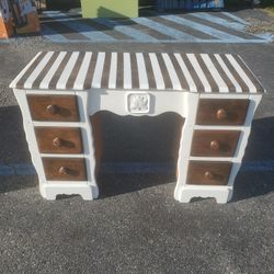 Farmhouse Desk Vanity Wooden Stained Top with Bottom Ivory White