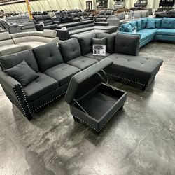 Sectional  Sofa Chaise  And Ottoman.  New Sectional Come In A Box Color Black 