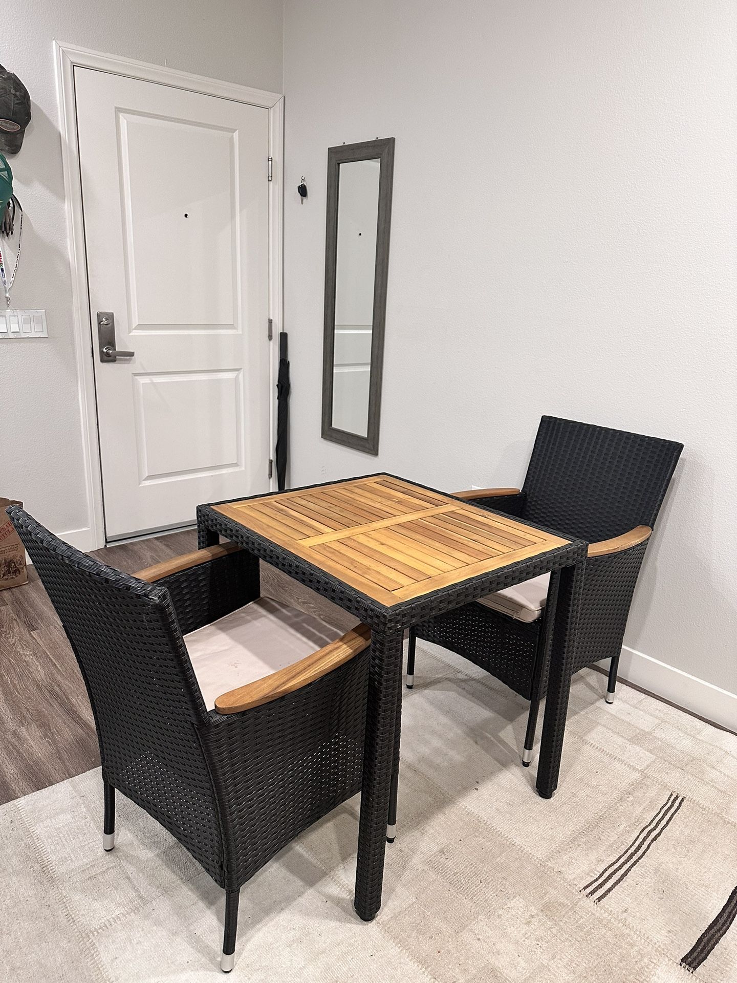 Wood , Rattan Wicker Table And Two Chairs 