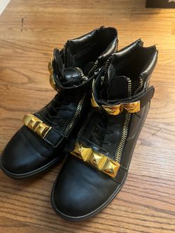 Black Leather High-Top Sneakers with Gold Hardware