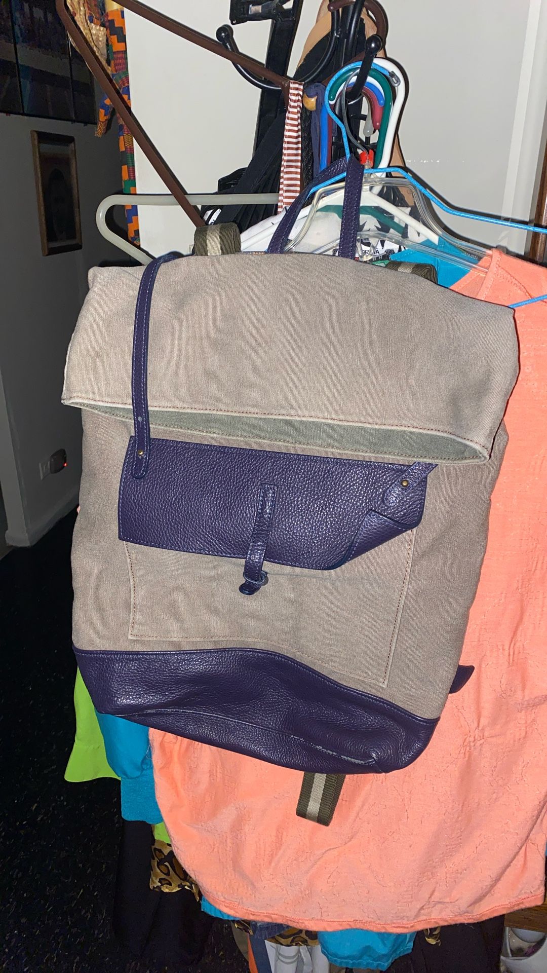 Beigh And Brown With Leather Trimmer All Around The Too And Bottom Of Bag. With Back Strip Book Bag. Heavy .