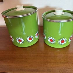 2 Vintage Canisters Green Daisy Flowers BOTH FOR 