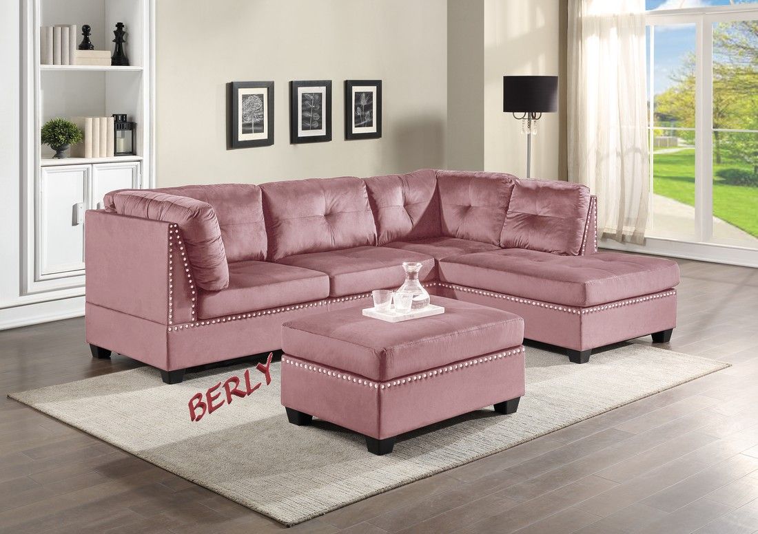 Pink Velvet Sectional With Ottoman 813
