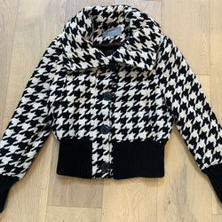 APT 9 Black & White Houndstooth Wool Coat Button Up Bomber Jacket with Cowl Neck and Fitted Waist, Size Large*   *See pics with measurements since thi