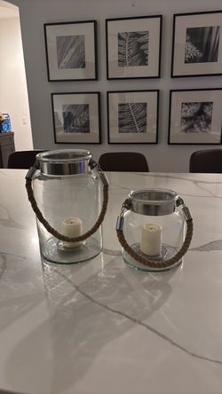 Glass Candle Lanterns with Rope Handle Set of 2