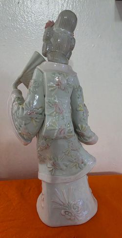 Vintage Porcelain Gray &  Pink Asian Geisha Figurine 11" 3D Flowers Holding Fans