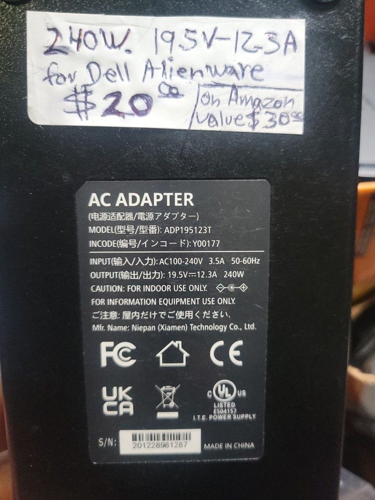 AC Adapter ADP195123T for Dell Alienware 12.3A 240W