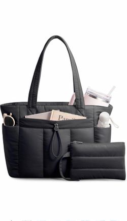 Black Quilted Tote Bag w/ Laptop Sleeve & Pouch - L/M Sizes