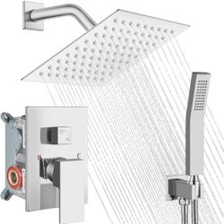 Shower Faucet Set,Wall Mount Shower System with Square Rain Shower Head and Hand Sprayer, Rough-in Valve Body and Trim Kit Included,8 Inch,Polish Chro