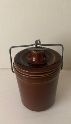 Vintage Brown Crock Butter Cheese Stoneware Glazed & Locking Wire Bale Lid