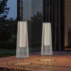 New -Outdoor Floor Lamp 2-Pack Wicker Patio Solar Floor Light Waterproof Outside Deck Lamp,White