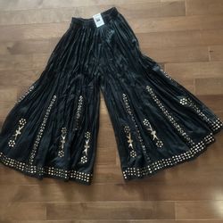 NWT! Indian Flared Black Cotton-mix Palazzo Pants, Gold  Foil Work. OS Up To XL