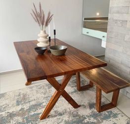 Wood Dining Table + Bench – Mexican Design – Seats 8