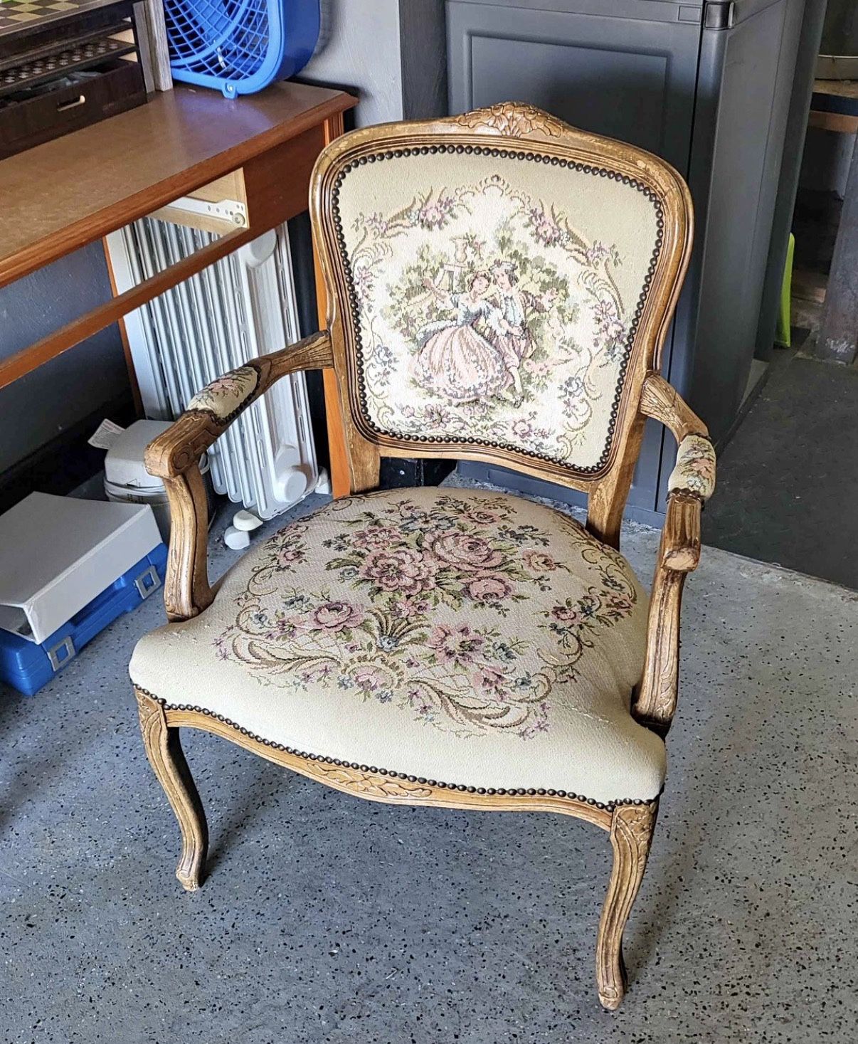 vintage French Louis XV style armchair with needlepoint tapestry upholstery