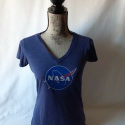 Nasa women's blue short-sleeve v-neck top  M