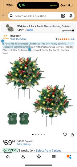 2 Pack Pre-lit Artificial Christmas Tree Urn Filler, Battery Operated Lighted Xmas