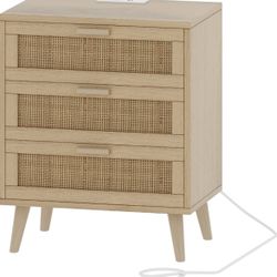 One 3-Drawer Rattan Nightstand with Charging Station